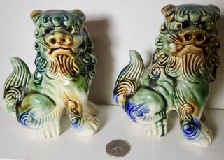 Set 2 Vintage Porcelain Hand Painted Chinese Foo Dog Oriental Fu Lion Figurines