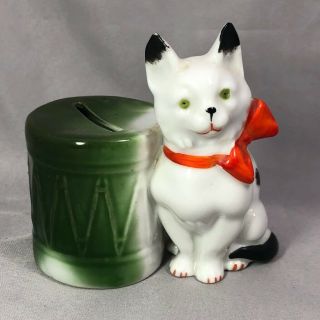 Cat Kitten Drum Antique Porcelain Penny Bank Figural