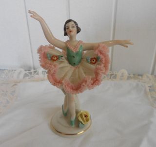 Vintage Frankenthal Dresden Ballerina Figurine With Lace Dress C1950s Germany