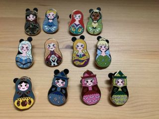 Disney Parks Mystery Nesting Dolls Pin Pack Set 12 Ariel Anna Elsa Rapunzel