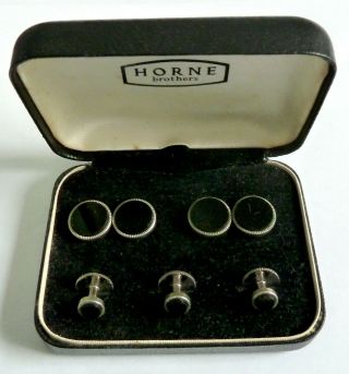 A Vintage 1950s Silver Plated Chain Link Cufflinks & Studs Set With Black Onyx