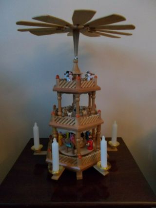 Vintage 3 - Tier Christmas Candle Nativity Scene Wooden Windmill Carousel