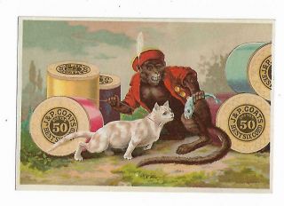 Old Trade Card J & P Coats Spool Cotton Thread Cat & Monkey Holding Fish Sewing