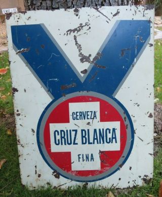 Rare Cerveza Cruz Blanca Fina Metal Painted Antique Beer Sign Blue Ribbon Mexico