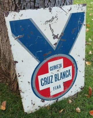 rare CERVEZA CRUZ BLANCA FINA metal painted antique beer sign blue ribbon MEXICO 2