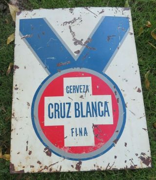 rare CERVEZA CRUZ BLANCA FINA metal painted antique beer sign blue ribbon MEXICO 3