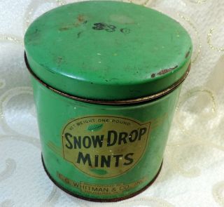 E.  G.  Whitman Snow Drop Mints Candy Tin Canister Green & Gold Paint Label Vintage