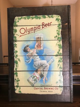 36x24” Vintage Olympia Beer Capital Brewing Co.  Advertising Wood Slat Sign Girl