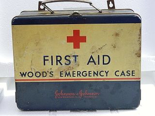 Vintage Johnson And Johnson First Aid Wood’s Emergency Case,  With Supplies