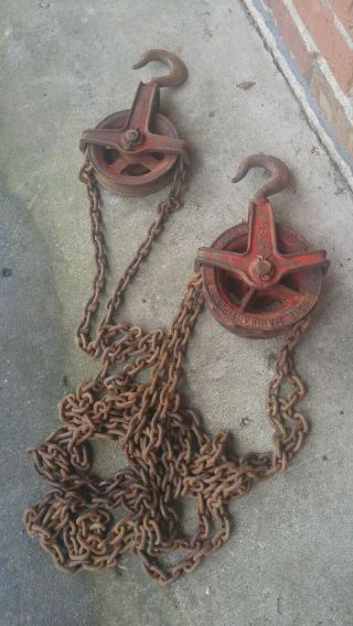 Vintage Wright Acco 1/2 Ton Chain Fall Hoist Hooks Pulleys Chains Handy Item Vg
