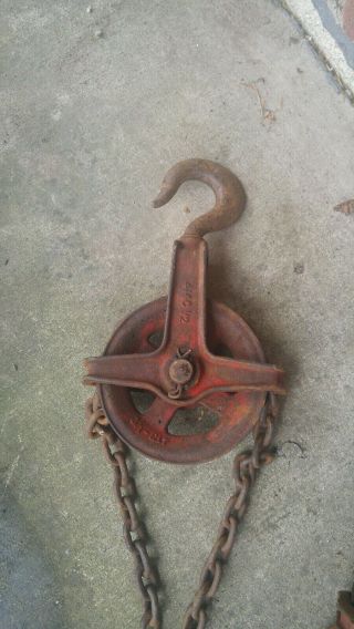Vintage Wright Acco 1/2 Ton Chain Fall Hoist Hooks Pulleys Chains Handy Item VG 2