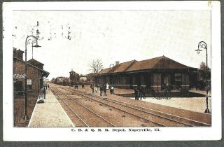 Naperville Illinois,  C.  B.  & Q.  Railroad Depot,  1912 Postcard Dj