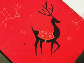 Vtg Christmas Reindeer Tablecloth Mid Century Cotton Red Black 60 " X 80 " - Lovely