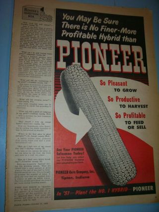Vintage Seed Corn Advertising - Pioneer Hybrid Seed Corn - Tipton,  Ind - 1950