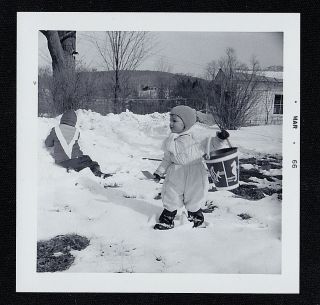 Vintage Photograph Cute Children Playing In Snow With Pail & Shovel