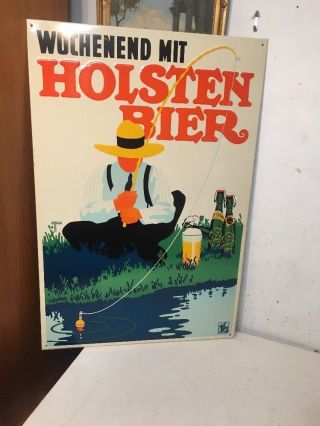 Rare Vintage Holsten Beer Embossed Metal Advertising Sign Fishing Tackle Bier
