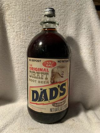 Full 64oz Dad’s Draft Root Beer No Deposit Paper Label Soda Bottle