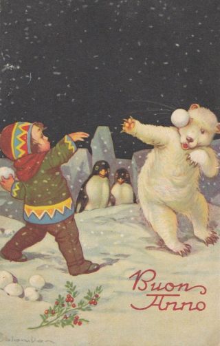 E.  Colombo Penguins Watch Child & Polar Bear With Snowballs