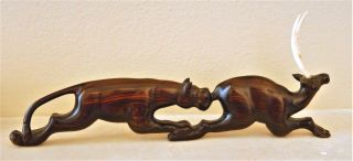 Vintage Hand Carved Wooden African Lioness Chasing An Antelope