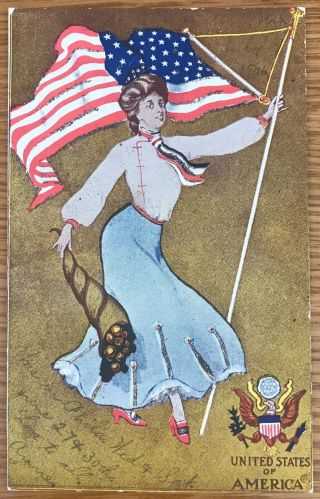 Patriotic Woman Holding Flag With Great Seal Of The United States Postcard 100