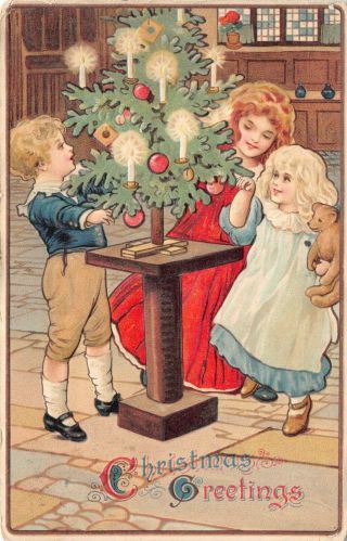 Dresden Christmas Postcard Children Dancing Around A Candlelit Tree 124709