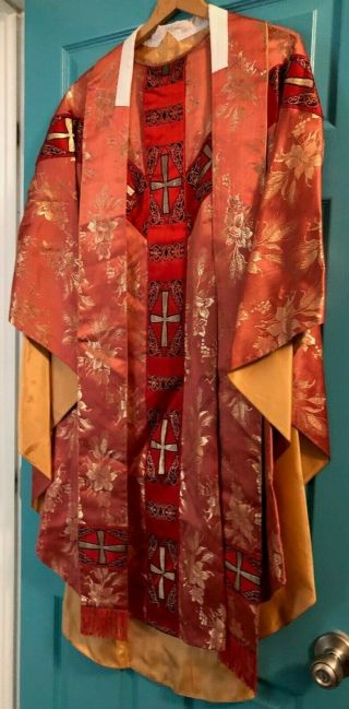Gorgeous Vintage Catholic Priests Rose Gold & Red Brocade Chasuble & Stole