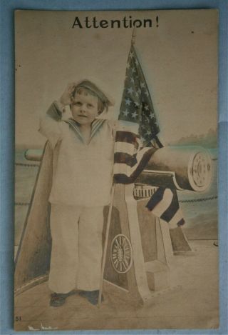 140.  " Attention " Patriotic Real Photo Postcard Of Boy With Flag On Boat