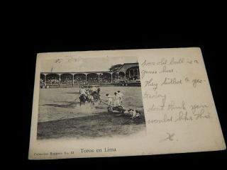 Vintage Postcard,  Lima,  Peru,  Morochucos Pulling Dead Bull From Ring,  To Denver,  Co