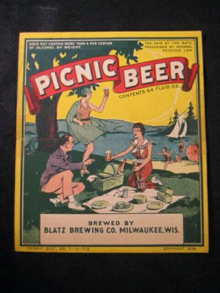 1934 Blatz Picnic Beer Paper Label Half Gallon Bottle 64oz Milwaukee Lake Party