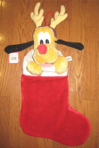 Walt Disney World Pluto With Antlers Christmas Stocking Plush 3d With Tag