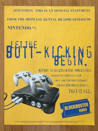 Nintendo 64 N64 Console Blockbuster 1996 Poster Ad Art System Rental Classic