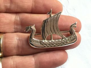 Vintage Ola Gorie Scottish Sterling Silver Long Ship Brooch/pin 1979 Edinburgh