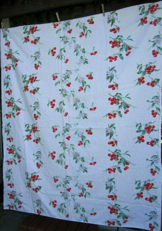 Vintage Wilendur Tablecloth Red Cherries W/ Pink Flower Blossoms 54 X 66 "