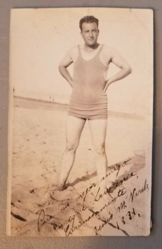 Vintage 1930s Photo Man In A Swimming Costume Signed Antique Beach
