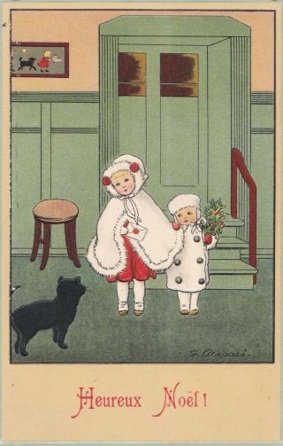 Gertrud Caspari Two Little Children In White With Black Cat At Christmas