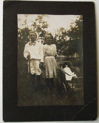 Boy Girl & Doll In Wicker Carriage Antique Photograph Id 