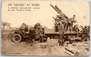 1910s World War I Wwi England Postcard " An Archie At Work British Anti - Aircraft "