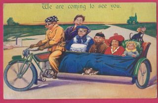 Comic,  Family With Cat And Dog In Motorcycle Sidecar,  1916 Old,  Postcard,  Rutland