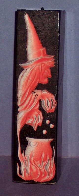 Great Vintage Halloween Tall Candle With Witch With Pot & Owl/ Jol On Other Side
