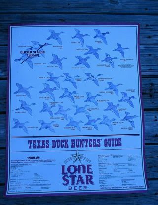 1988 Lone Star Beer Texas Duck Hunters Guide Poster Sign Hunting Season Limits