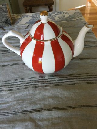 GRACE ' S TEAWARE COLLECTABLE RED/WHITE STRIPED TEAPOT W/ONE MATCHING MUG EUC 3