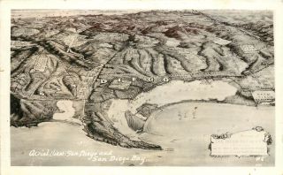 Rppc Air View Illustrated Map San Diego Ca & Bay Army Navy Aviation Bases