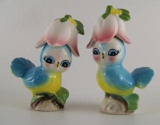 Anthropomorphic Blue Birds With Flower Hats Salt & Pepper Shakers