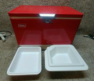 Vintage Coleman (usa) 1976 Red Metal Cooler With Metal Handles And Inside Trays