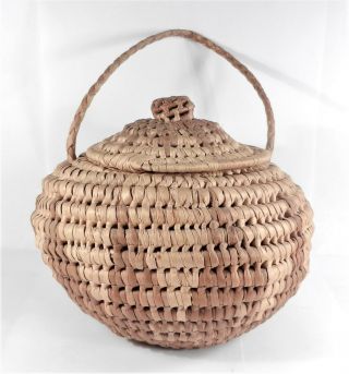 Native American - Hand Woven Basket With Lid & Handle - Corn Husk Wrap - 5 1/2 "