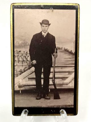 Antique Cdv Carte De Visite Man Hunter In Black Suit Posing With Rifle Gun