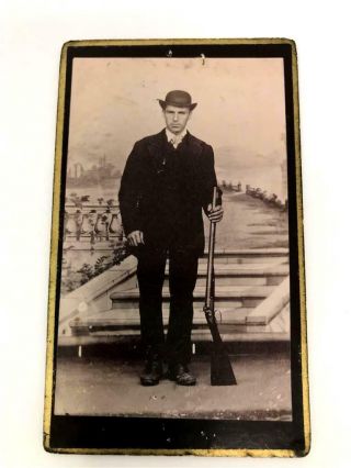 Antique CDV Carte De Visite Man Hunter in Black Suit Posing with Rifle Gun 2