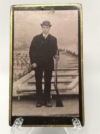 Antique CDV Carte De Visite Man Hunter in Black Suit Posing with Rifle Gun 3
