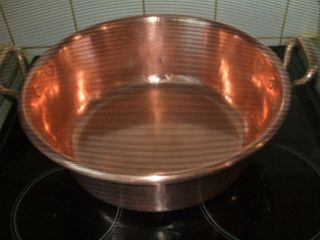 Vintage French Copper Preserving Jam Pan Mixing Bowl Brass Handles Rolled Edge