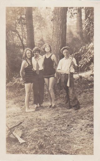 Photograph Snapshot Vintage Three Ladies Two In Swim Suits,  One Young Man Rifle